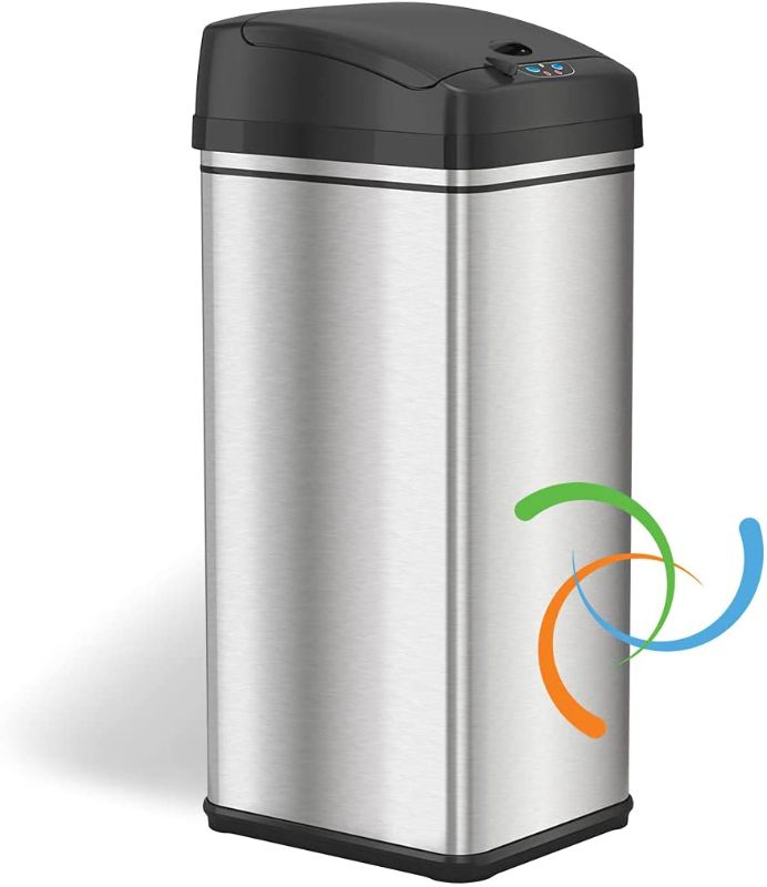 Photo 1 of iTouchless 13 Gallon Automatic Trash Can with Odor-Absorbing Filter and Lid Lock, Power by Batteries (not included) or Optional AC Adapter (sold separately), Black/Stainless Steel
AS IS USED