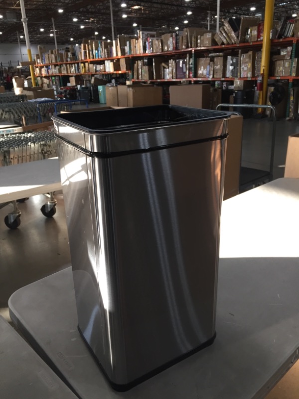 Photo 1 of iTouchless 13 Gallon Automatic Trash Can with Odor-Absorbing Filter and Lid Lock, Power by Batteries (not included) or Optional AC Adapter (sold separately), Black/Stainless Steel
AS IS USED