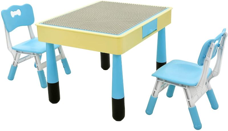 Photo 1 of Flying Olly Kids Lego DUPLO Compatible Table& Chairs Set, Kids Multi-Functional Desk with Block Building Side and Dry Erase Board and Height-Adjustable Chairs for Kids and Toddlers 3-9(Blue)
AS IS USED, MISSING COMPONENTS, INCOMPLETE, PARTS ONLY, MISSING 