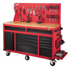 Photo 1 of 61 in. 11-Drawer/1-Door 22 in. D Mobile Workbench with Sliding Pegboard Back Wall in Red/Black
