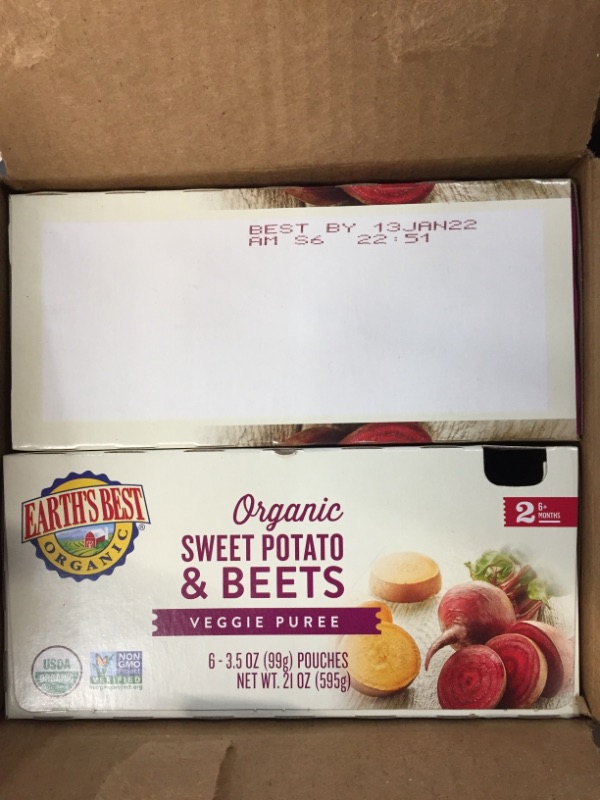 Photo 2 of Earth's Best Organic Stage 2 Baby Food, Sweet Potato & Beets, 3.5 oz Pouch, 6 Pack
2 box ct
expires Jan 2022