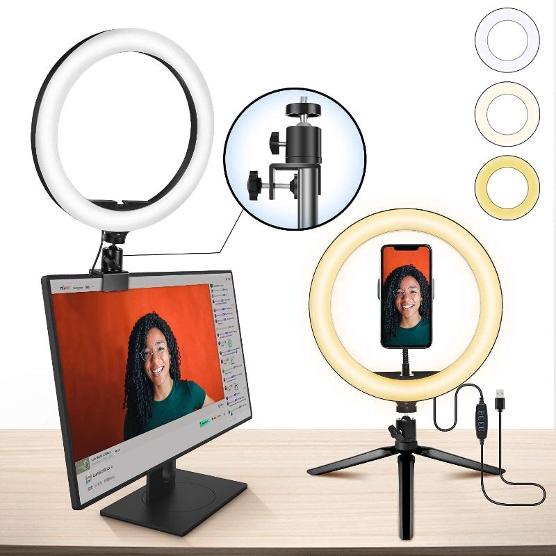 Photo 1 of 10" Ring Light MACTREM LED Light Ring with Tripod, Clamp & Phone Holder for YouTube Video, Makeup, Selfie, Photography, Live Streaming, Tiktok, 3 Light Modes & 10 Brightness Level (10 inch)
