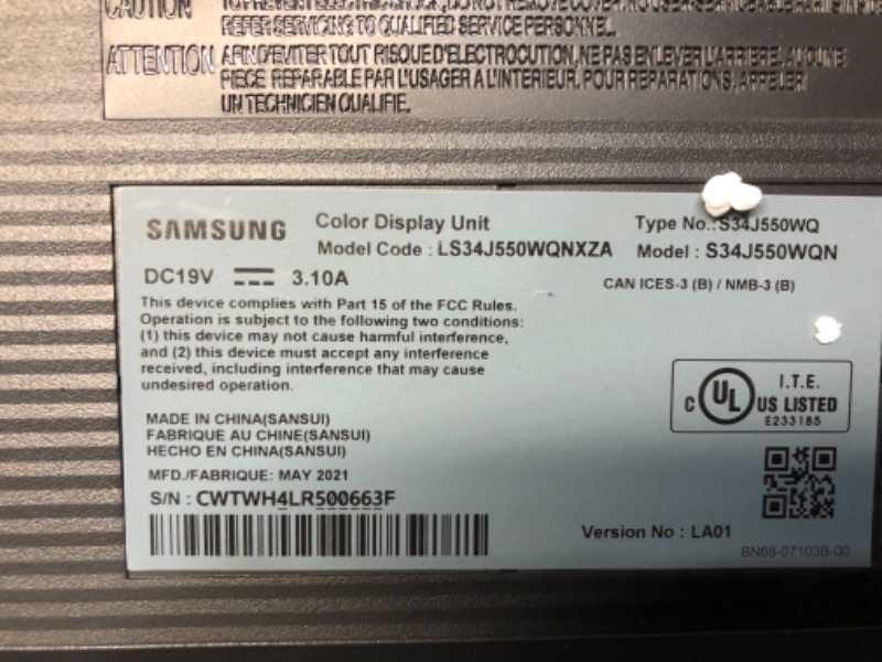 Photo 6 of Samsung S34J55W 34' 3440 X 1440 Ultra WQHD 21:9 2K Resolution 4ms 75Hz 2x HDMI DisplayPort AMD FreeSync Eye Saver Flicker Free LED Backlit Monitor
model: LS34J550WQNXZA
serial number: CWTWH4LR500663F