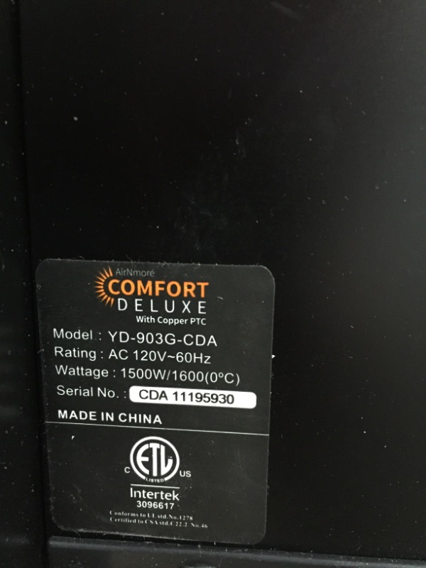 Photo 2 of AirNmore Comfort Deluxe with Copper PTC, Infrared Space Heater with Remote, 1500 Watt, ETL Listed fan speed and temp control do not work. but it does turn on and put out heat.
