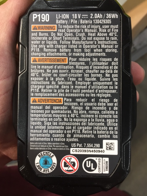 Photo 3 of 
Ryobi P190 2.0 Amp Hour Compact 18V Lithium Ion Battery w/ Cold Weather Performance and (Charger Not Included / Battery Only)
