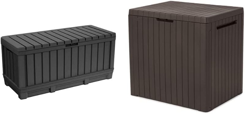 Photo 1 of ***PARTS ONLY*** Keter Kentwood 90 Gallon Resin Deck Box-Organization and Storage, Graphite & City 30 Gallon Resin Deck Box for Patio Furniture, Pool Accessories, and Storage for Outdoor Toys, Brown
