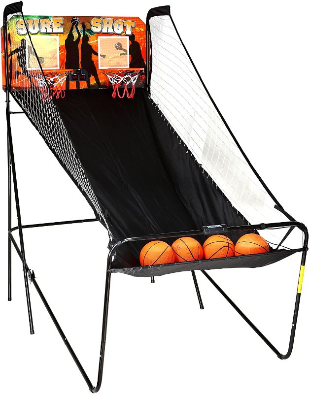 Photo 1 of Hathaway Sure Shot Dual Electronic Basketball Arcade Game with Electronic Digital Scoring and Timer, Easy Folding for Storage, 4 Balls and 2 Nets, Black/Orange
