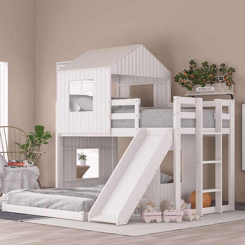 Photo 1 of **BOX 1 OF 3 * House Bed Bunk Beds with Slide, Wood Bunk Beds with Roof and Guard Rail for Kids, Toddlers, No Box Spring Needed

