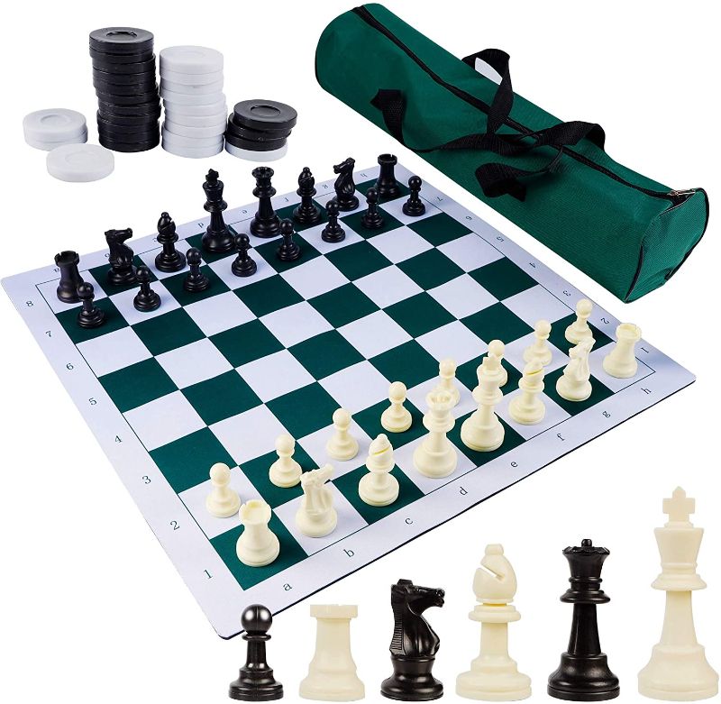 Photo 1 of Juegoal 20" Portable Chess & Checkers Set, 2 in 1 Travel Board Games for Kids and Adults, Folding Roll up Chess , Extra 26 Checker Pieces, Tournament Thick Mousepad Mat with Storage Bag
