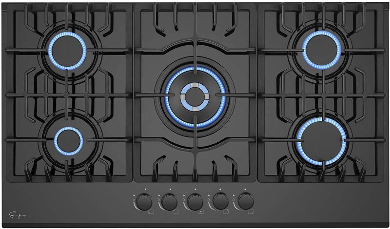 Photo 1 of Empava 36 Inch Gas Stove Cooktop 5 Italy Sabaf Sealed Burners NG/LPG Convertible in Black Tempered Glass
