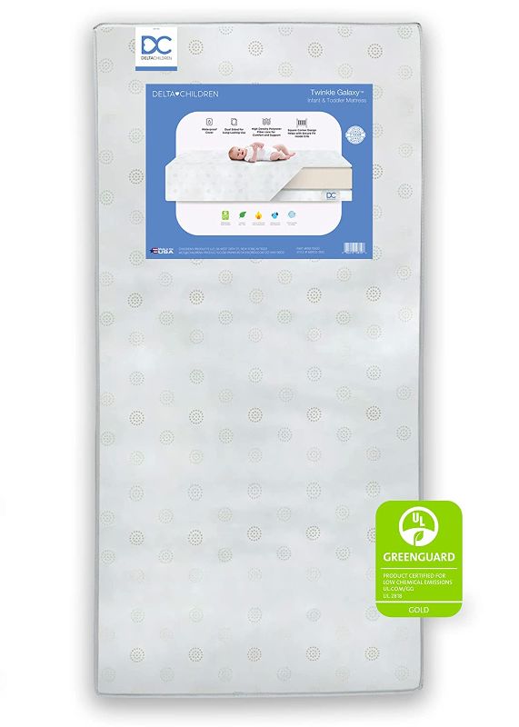 Photo 1 of Delta Children Twinkle Galaxy Dual Sided Crib and Toddler Mattress - Premium Sustainably Sourced Fiber Core - Waterproof - GREENGUARD Gold Certified...
