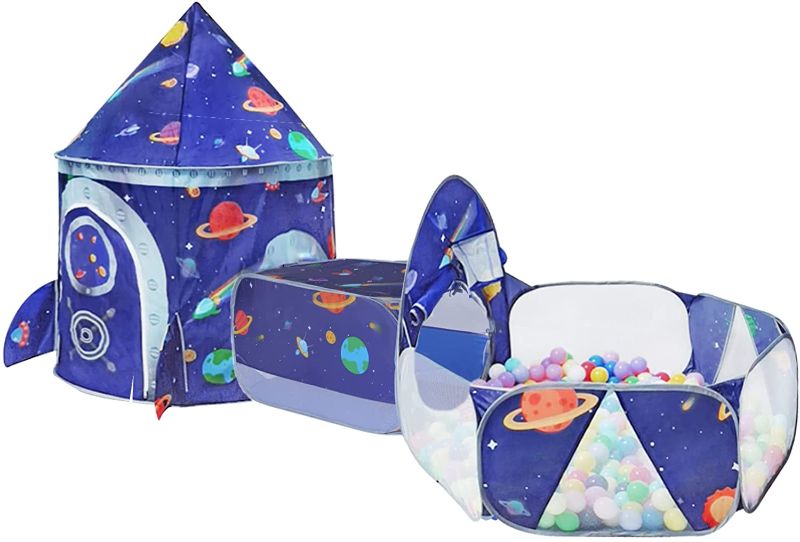 Photo 1 of  3pc Rocket Ship Boys Tent, Outer Space Kids Play Tent, Crawl Tunnel, Ball Pit with Basketball Hoop Playhouse for Girls Outdoor Indoor, Lightweight with Storage Case