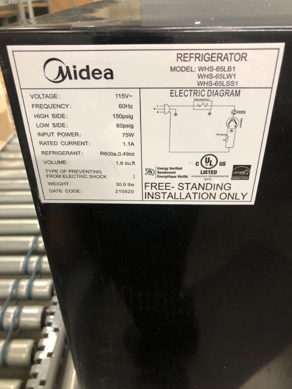 Photo 6 of Midea WHS-65LB1 Compact Single Reversible Door Refrigerator, 1.6 Cubic Feet(0.045 Cubic Meter), Black