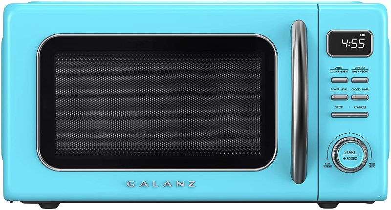 Photo 1 of Galanz GLCMKZ11BER10 Retro Countertop Microwave Oven with Auto Cook & Reheat, Defrost, Quick Start Functions, Easy Clean with Glass Turntable, Pull Handle, 1.1 cu ft, Blue
