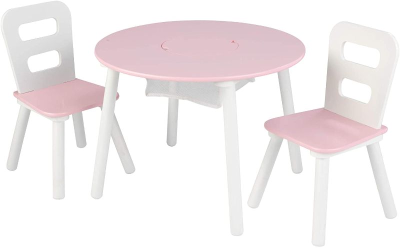 Photo 1 of KidKraft Wooden Round Table & 2 Chair Set with Center Mesh Storage- Pink & White