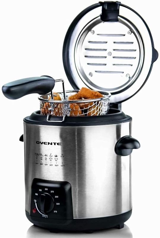 Photo 1 of Ovente Electric Oil Deep Fryer 0.9 Liter with Stainless Steel Basket and Temperature Control, 840 Watt Power with Heating Element, Perfect for Chicken Fries Compact & Easy Storage, Silver FDM1091BR
