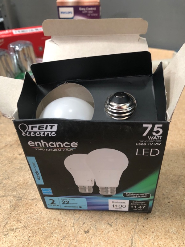 Photo 6 of BUNDLE OF, Philips Color and Tunable White BR30 LED 65-Watt Equivalent Dimmable Smart Wi-Fi Wiz Connected Wireless Light Bulb
AND, Feit Electric Enhance A19 E26 (Medium) LED Bulb Daylight 75 Watt Equivalence 2 Pk - Case of: 1;
