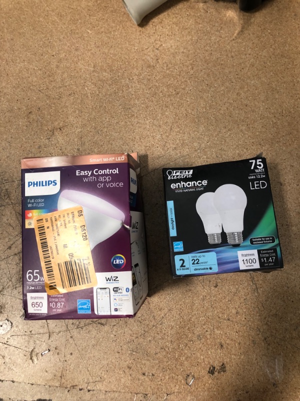 Photo 5 of BUNDLE OF, Philips Color and Tunable White BR30 LED 65-Watt Equivalent Dimmable Smart Wi-Fi Wiz Connected Wireless Light Bulb
AND, Feit Electric Enhance A19 E26 (Medium) LED Bulb Daylight 75 Watt Equivalence 2 Pk - Case of: 1;
