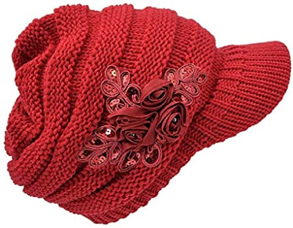 Photo 1 of C-US Women Winter Warm Knit Hat Crochet Visor Brim Cap with Flower Accent- MISSING FLOWER 
