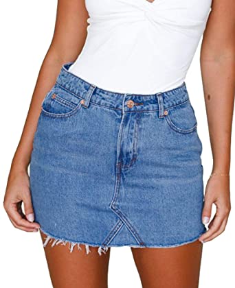 Photo 1 of LARGE Jean Skirts for Women's Casual LIGHT Washed Frayed Stretch Denim Mini Skirt
