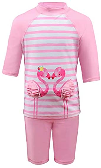 Photo 1 of Julysand Toddler Girls Rash Guard Sets 3D Flamingo Swimsuit Pink Striped Two Piece Modest Swimwear Sun Protection Suit, Size 6Y
