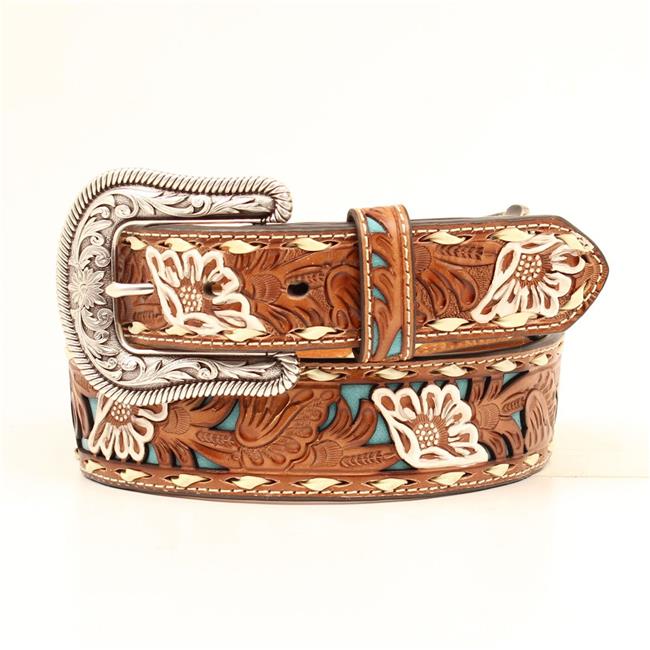 Photo 1 of M&F Western Turquoise Floral Overlay with Lace Edge Belt, Measurements: Width: 1 3 4 in First Hole Length: 38 1/4 in Last Hole Length: 42 1/4 in