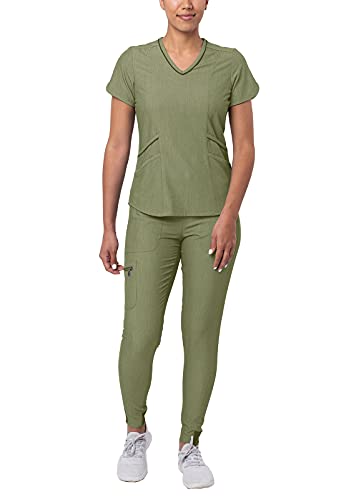 Photo 1 of Adar Pro Heather Modern Athletic Scrub Set for Women - Modern V-Neck Scrub Top & Yoga Jogger Scrub Pants - P9500H - Heather Olive - XXS
