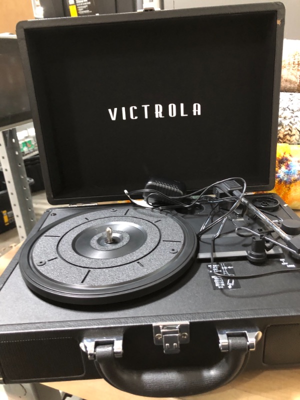 Photo 5 of Victrola Vintage 3-Speed Bluetooth Portable Suitcase Record Player with Built-in Speakers Upgraded Turntable Audio Sound Includes Extra Stylus Black***LOCK IS DAMAGED /BACK PART  HAS DAMAGE AS SHOWN IN THE PICTURE *** 