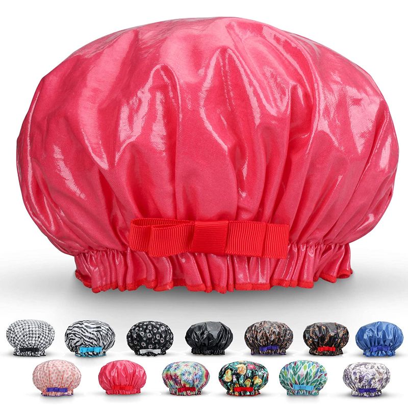 Photo 1 of Waterproof Reusable Women Shower Caps XL 100% Cotton Print Bath Caps Hat Long Hair Perfect for Women (Red)
3 pack