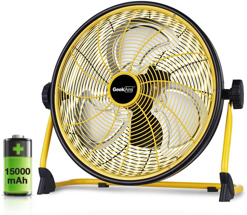 Photo 1 of ***PARTS ONLY*** Geek Aire Rechargeable Outdoor High Velocity Floor Fan,16'' Portable 15000mAh Battery Operated Fan with Metal Blade for Garage Barn Gym Camp, Run All Day Cordless Industrial Fan,USB Output for Phone