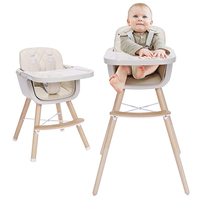 Photo 1 of 3-in-1 Baby High Chair with Adjustable Legs, Tray -Cream Color Dishwasher Safe, Wooden High Chair Made of Sleek Hardwood & Premium Leatherette, Ideal for Small Apartment