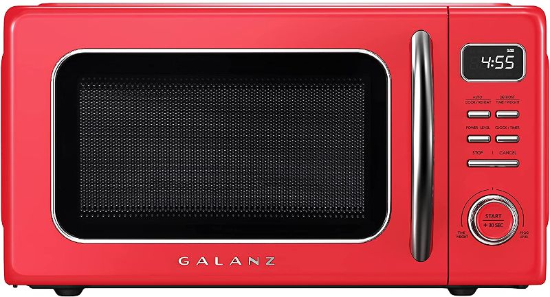 Photo 1 of Galanz GLCMKZ11RDR10 Retro Countertop Microwave Oven with Auto Cook & Reheat, Defrost, Quick Start Functions, Easy Clean with Glass Turntable, Pull Handle, 1.1 cu ft, Red
