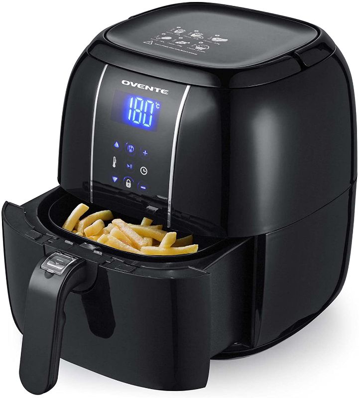 Photo 1 of Ovente Electric Air Fryer 3.2-Quart for Grilling Roasting with Digital LED Touch Display Non-Stick Fry Basket & Pan, 1400 Watt Power Air Oven & Oilless Cooker with Temperature Control, Black FAD61302B
