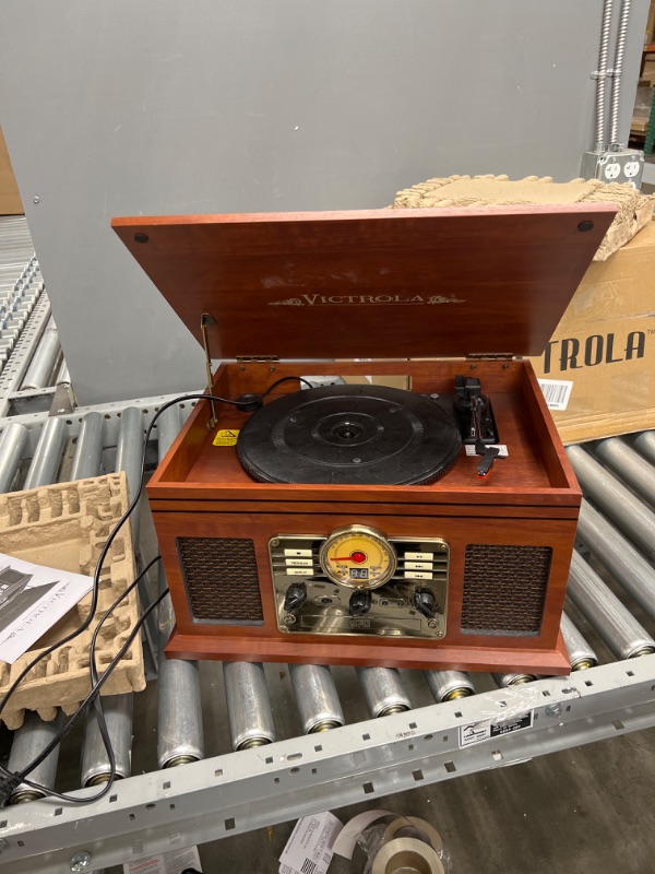 Photo 2 of Victrola Nostalgic 6-in-1 Bluetooth Record Player & Multimedia Center with Built-in Speakers - 3-Speed Turntable, CD & Cassette Player, FM Radio | Wireless Music Streaming | Mahogany
