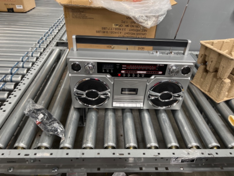 Photo 2 of Victrola 1980s Retro Bluetooth Boombox with Cassette Player and AM/FM Radio, Wired and Wireless Streaming, Classic 80s Style with Modern Technology, Silver
