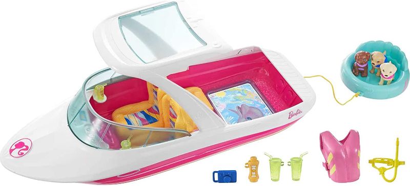 Photo 1 of Barbie Dolphin Magic Ocean View Boat with "Glass Bottom," 3 Puppies, Floating Raft and Accessories
