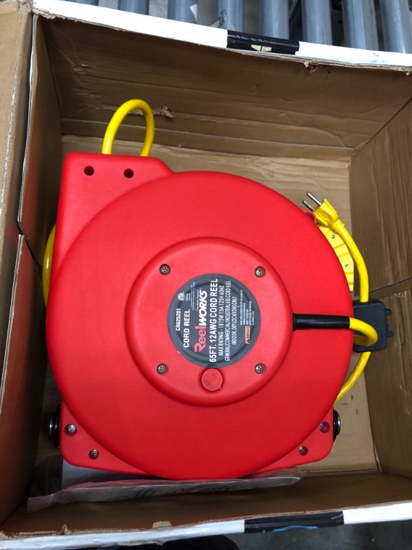 Photo 2 of ReelWorks Extension Cord Reel Retractable 12AWG x 65' Foot 3C/SJT Heavy Duty Commercial Cable Triple Tap Connector Power 15A 125VAC 1875W
