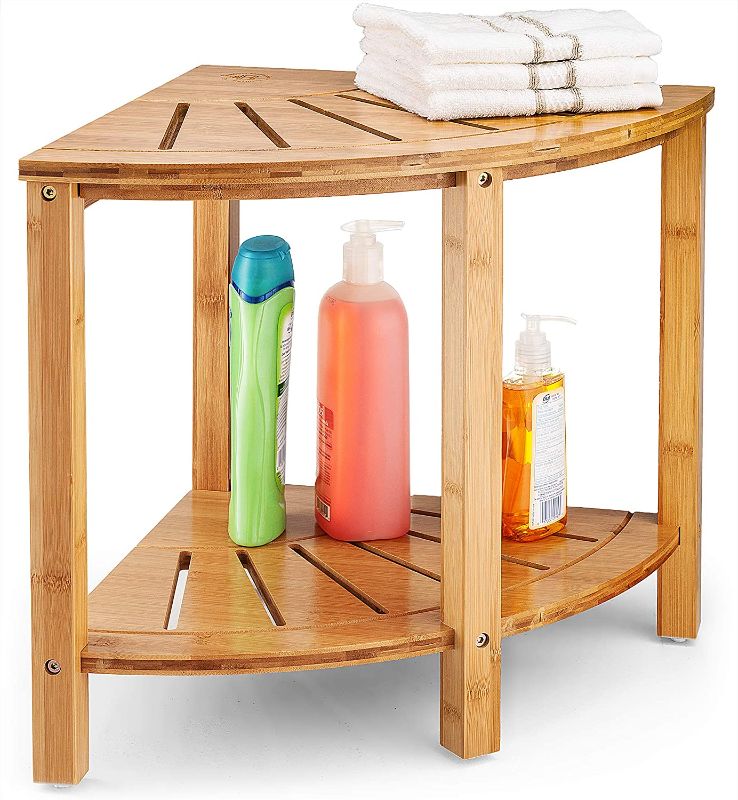 Photo 1 of Bamboo Corner Shower Bench - Bench with Storage Shelf for Bathroom, Bedroom and Living Room - RV or Outdoor Shower Stool for Inside Shower - Shower Shaving Stool - Holds Shampoo, Towels, Shoes & More