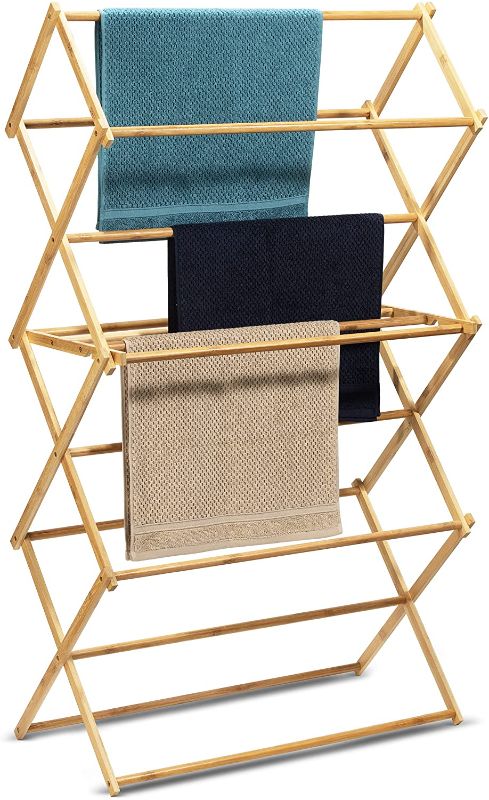 Photo 1 of Bartnelli Bamboo Laundry Drying Rack for Clothes, Wood Clothing Dryer, Extreme Stability, Heavy Duty Built, Foldable, Collapsible Space Saving | Indoor-Outdoor Use - Pre-Assembled (X-Large - BDR-552)
