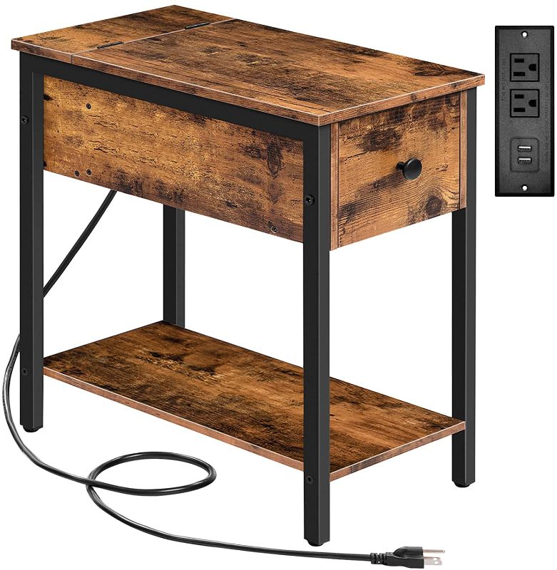 Photo 1 of  HOOBRO Side Table with Charging Station, Narrow Nightstand with Drawer & USB Ports & Power Outlets, End Table for Small Spaces, in Living Room, Bedroom, Wood Look Accent Table, Rustic Brown BF041BZ01