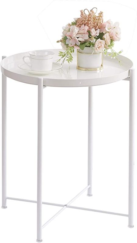 Photo 1 of Metal Tray End Table, Round Accent Coffee Side Table, Anti-Rust and Waterproof Outdoor Small Side Table, Indoor Modern Sofa Side Table Bedside Table for Living Room Bedroom Balcony (White)