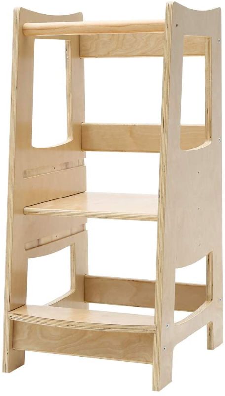 Photo 1 of EGREE Toddler Kitchen Step Stool with Safety Rail Kids Wooden Standing Tower for Kitchen Counter and Bathroom Sink, 3 Heights Adjustable Step Up Stool Mothers' Helper, Solid Wood Construction, Natural
