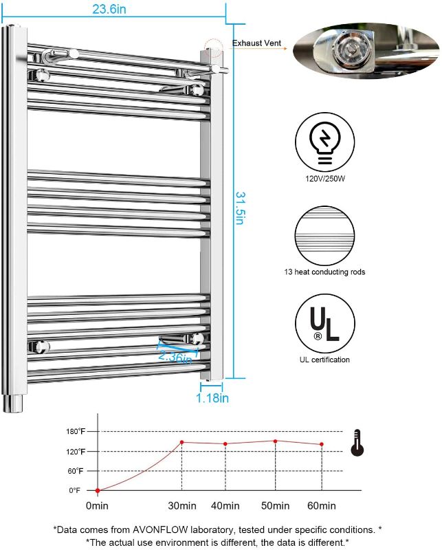 Photo 1 of NOT FUNCTIONAL PARTS ONLY**
AVONFLOW Towel Heater for Bathroom Heated Towel Warmer Rack 250W Chrome Mirror Polish UL Certificated 13+1 Bars
