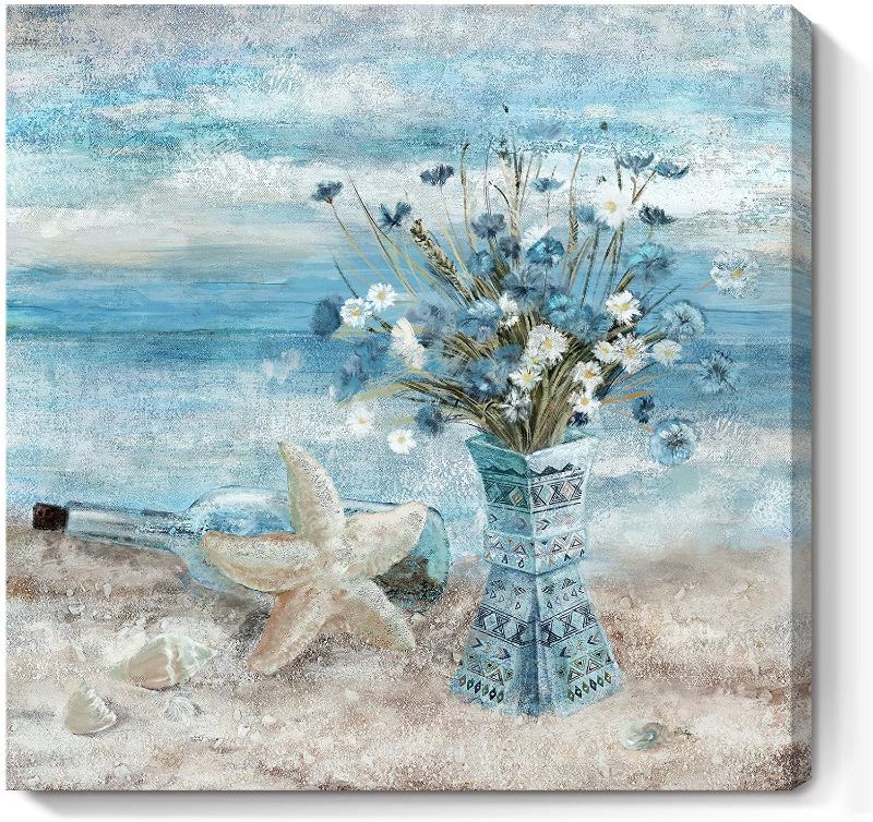 Photo 1 of **Damaged*
Wall Art Blue Beach Picture Ocean 31"x31" 
