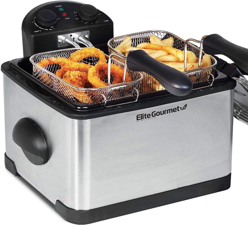 Photo 1 of Elite Gourmet 1700-Watt Stainless-Steel 3-Basket Electric Deep Fryer with Timer and Temperature Knobs, 4.2L/17-Cup, Stainless Steel
