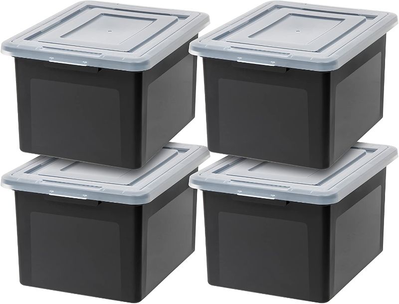 Photo 1 of IRIS USA Letter & Legal Size Plastic Storage Bin Tote Organizing File Box with Durable and Secure Latching Lid, Stackable and Nestable, 4 Pack, Black
