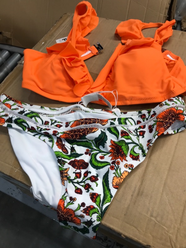 Photo 2 of Orange Ruffle Bikini With Floral Bottom -MEDIUM 
