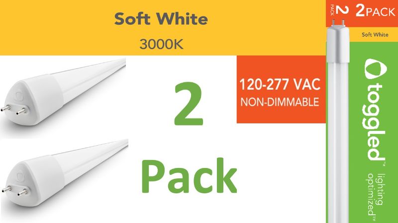 Photo 1 of (2-pack) Toggled, 120-277 VAC, Direct-wire LED 4 Ft. Tube - Soft White (3000K)
