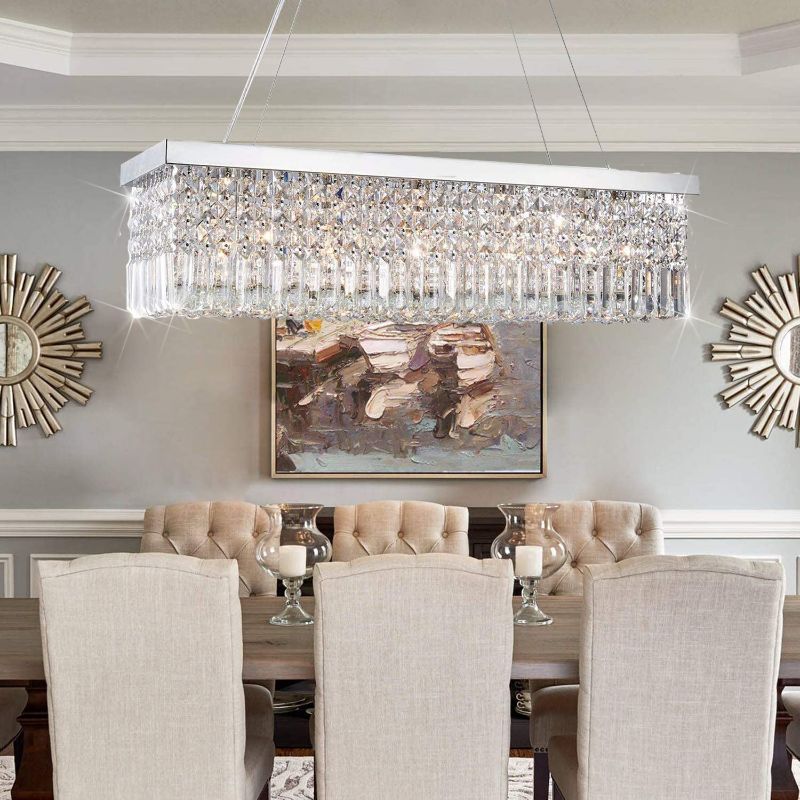 Photo 1 of ***MISSING MOUNT/SOME CRYSTALS*** Rectangle Crystal Chandeliers Dining Room Modern Ceiling Light Fixtures Hanging Chandelier Pendant Light Living Room Beautiful Fixture Polished Chrome Finish L31.5'' x W9.8'' x H8.9'' of CRYSTOP
