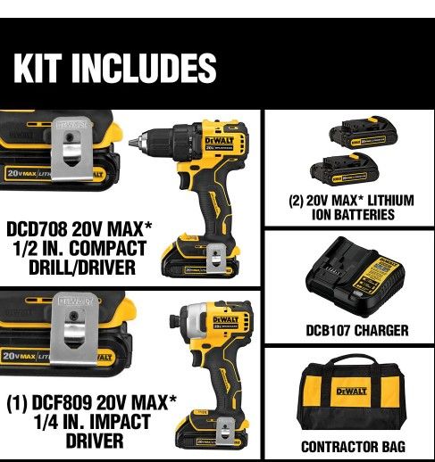 Photo 1 of DEWALT ATOMIC 20-Volt MAX Cordless Brushless Compact Drill/Impact Combo Kit (2-Tool) with (2) 1.3Ah Batteries, Charger & Bag